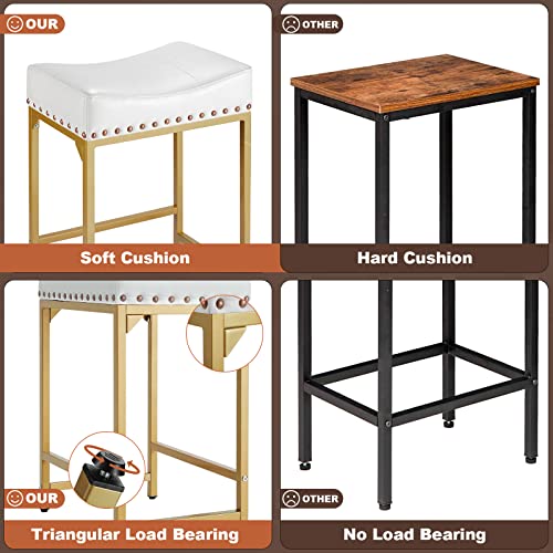 Flyzc Bar Stools Set Of 4 Counter Height, 24" Modern White & Gold Counter Stools Set Of 4, Stools For Kitchen Counter, Modern White Barstools Saddle Stool Backless Island Chairs (White+Gold) #TOP6