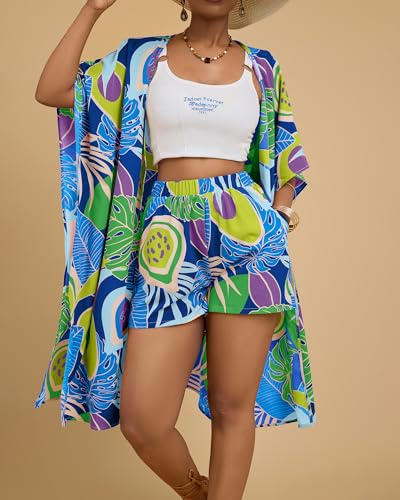 Bsubseach Two Piece Sets for Women Summer Kimono Cardigan and Shorts Set Tropical Print Beach Cover Up Vacation Outfits2