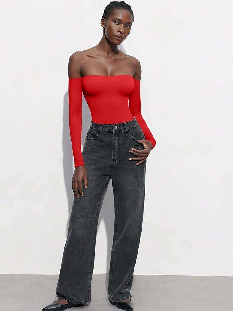 HYZ Women's Sexy Off The Shoulder Long Sleeve Backless Basic Going Out Thong Bodysuit Tops - Image 4