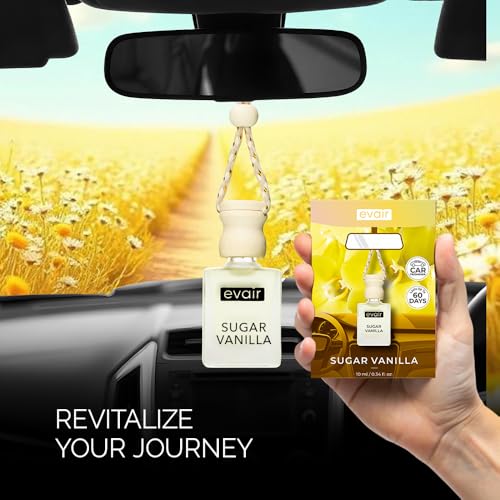 Image of Evair Sugar Vanilla Car Air Freshener | Hanging Car Perfume with Essential Oils | Long-Lasting Aroma in Glass Bottle with Wooden Diffuser Lid | 10ml Hanging Car Scent (Pack of 1)