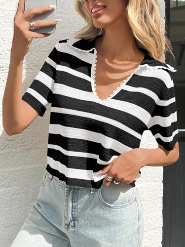 Saodimallsu Womens Cropped Striped Sweater Top Summer Short Sleeve V Neck Collared Going Out Trendy Loose Polo Shirt3