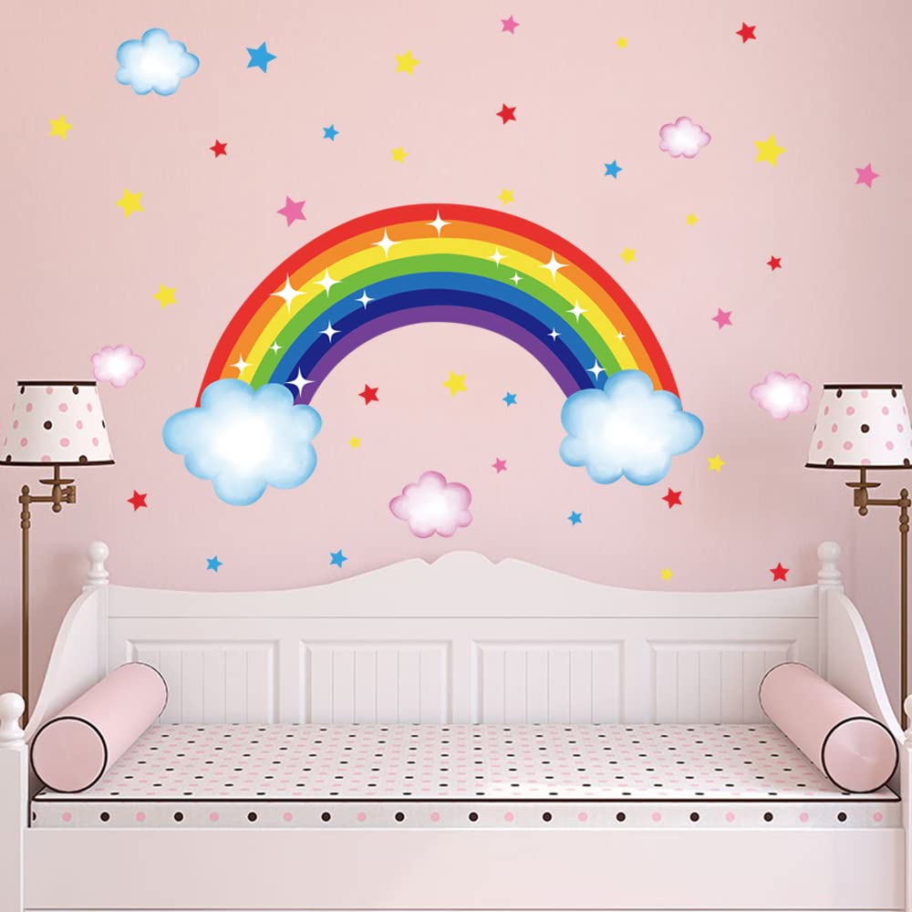 DECOWALL SG2-2313 Arc-en-ciel Lune Nuages Et Lapins Enfants Pépinière Stickers Muraux Décor à La Maison Art Bébé Chambre Garçons Filles Couleur Salle