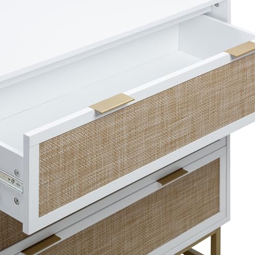 Image of Nathan James Kova Boho Dresser or Storage Cabinet with Drawers for Bedroom or Nursery with Textilene Rattan Accent and Metal Legs, White