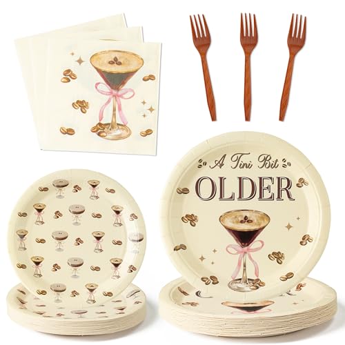 Image of G1ngtar Martini Bow A Tini Bit Older Espresso Martini Cocktail Coffee Party Plates Supplies - Serves 24-96Pcs Party Tableware Decorations Disposable Paper Plates Napkin Fork for Birthday Bar Party