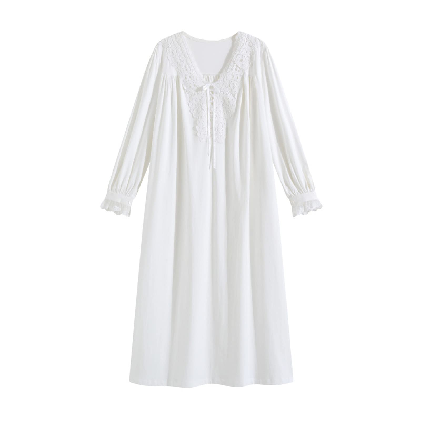 OFFSUM Camicia da Notte Donna - Elegante Palace Style Retro Solid Color Cotone Princess Pigiameria Lingerie Casual Camicia da Notte con Scollo A V Pizzo Camicia da Notte