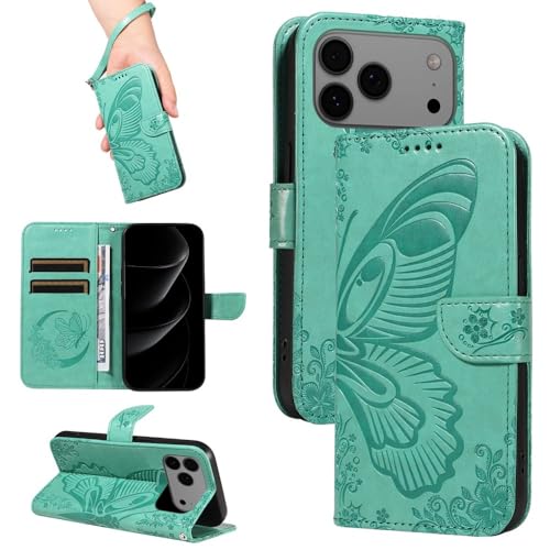 Étui iPhone 12 Pro Max vert en cuir à motif papillon avec portefeuille intégré