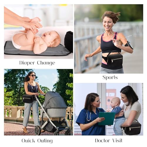 Image of printe Small Diaper Bag with Portable Changing Pad, Crossbody Fanny Pack with Wipes Pocket for Stroller, Women Waist Bag for Travel, Black Large