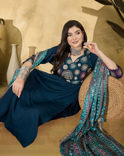 Image of SheWill Women's Mustard American Crepe Zari Sequence Embroidered Alia Cut Kurta with Pant and Dupatta