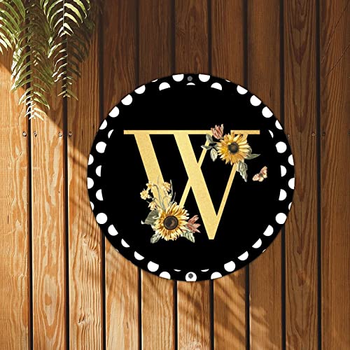 Welcome Sign Front Decor Initial Letter W Wreath Round Metal Sign Monogram Sunflower Floral Polka Dot Metal Tin Sign Flowers Floral 12In Farmhouse Wall Plaque Poster For Outdoor Porch Patio Garden #TOP3