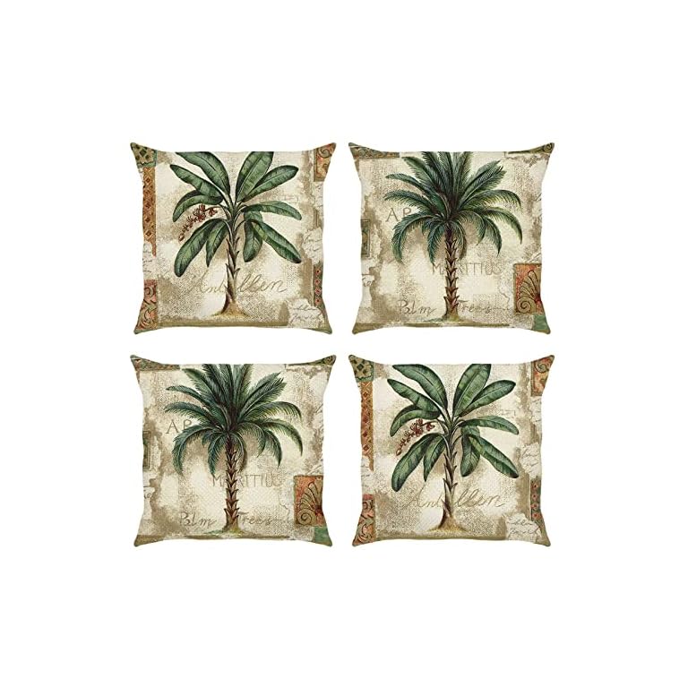 Bonhause Tropical Palm Tree Throw Pillow Covers 18 x 18 Inch Set of 4 Vintage Green Leaf Decorative Throw Pillow Cases Polyester Linen Cushion Covers for Sofa Couch Car Bedroom Home Decor