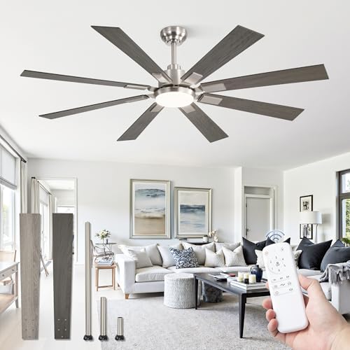 Image of ZMISHIBO 62 inch Brushed Nickel Modern Ceiling Fan with Light and Remote, Indoor /Outdoor Industrial Ceiling Fan for Living Room Patio, 6 Speed Reversible Quiet DC Motor, 3 CCT, Dual Finish 8 Blades