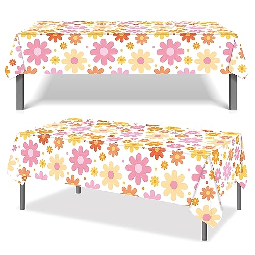 Image of Augisteen Groovy Daisy Tablecloth Plastic Boho Flowers Table Covers Retro Hippies Flower Disposable Rectangle Tablecloths for 70s Boho Birthday Baby Shower Wedding Party 54 x 108 Inch, 4 PCS