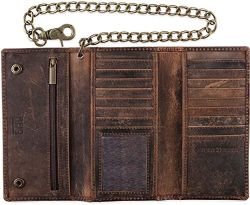 F&L Classic RFID Blocking Mens Tri-fold Long Style Cowhide Leather Biker Steel Chain Wallet,