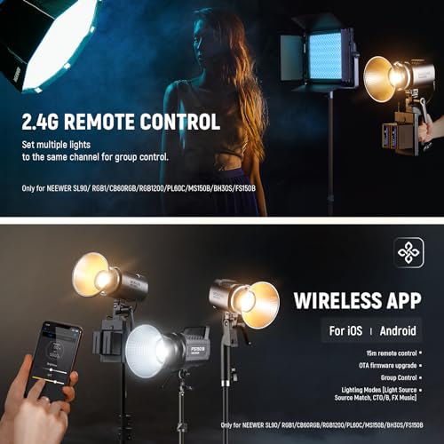 Image of NEEWER MS60B 65W COB LED Video Light with Battery Kit, 2.4G /APP Control, 2 x 7800mAh NP-F970 Battery, Fast Charge, 2700K-6500K, PWM Dimming, 40000lux /1m, CRI97+ /TLCI98+, 12 Scenes,