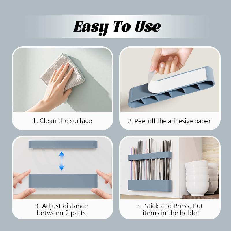 Silicone Straw Holder Self-Adhesive Straw Dispenser with 6 Slots Reusable Drinking Straw Storage Organizer Kitchen Accessories Container for Cabinet Fridge Cupboard Door (Blue) - Image 4