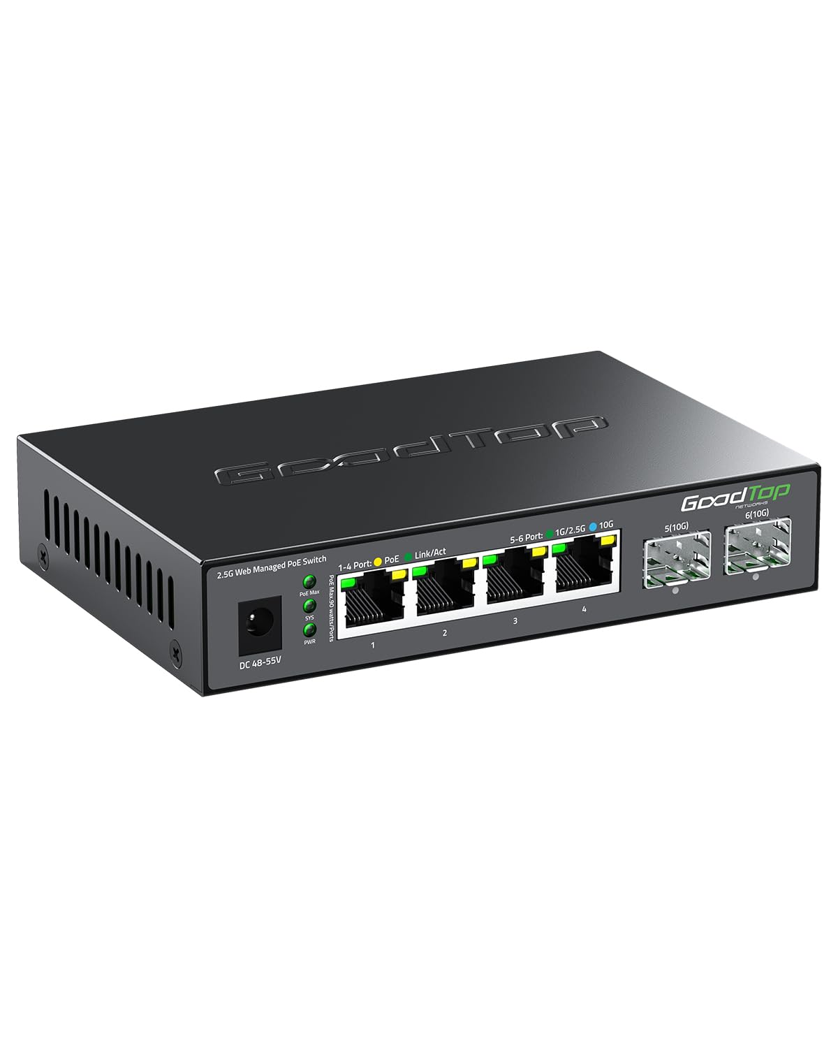 2.5 Gbit Managed PoE++ Switch 6-Port: 4 x 90W PoE 2 x 10G SFP+, 105W Budget | IEEE 802.3bt | 4x 2,5G PoE++ & 2x 10G SFP+ | VLAN/LAG/QoS/DHCP | Lüfterlos | Metallgehäuse | Für Wi-Fi 7 APs, Kamera