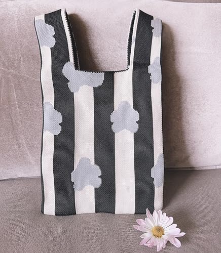 Image of Knot Bag, Mini Knit Tote Bag, Extra Thickened Japanese Knot Bag, Wristlet Handbag, Aesthetic Crochet - 2Pcs Blue Floral & Black & White Floral(Very Small)