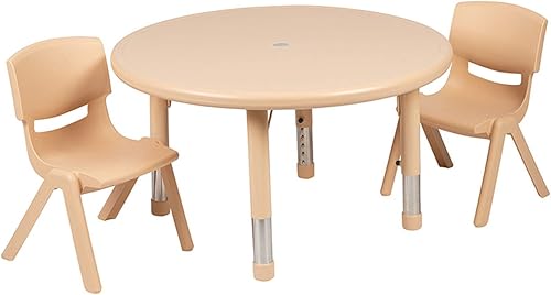 Flash Furniture Juego de mesa de actividades redonda de plástico natural de 33 pulgadas con 2 sillas