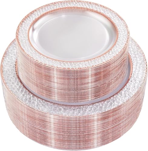 Joyido 102PCS Rose Gold Plastic Plates - Clear Rose Gold Disposable Plates - Elegant Hammered Plate Include 51PCS 7.5inch Dessert & 51PCS 10.25inch Dinner Plate for Wedding Party