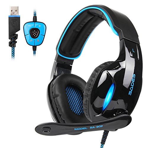 SADES SA902 Gaming Headset 7.1 Virtual surround Stereo Sound Over Ear Gaming Headphones Wired USB LED Light With Mic Volume Control For PC/Laptop (Black&Blue)