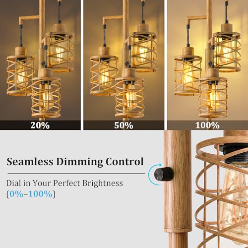 Image of BOBOMOMO 70 inch Farmhouse Dimmable Floor Lamp, Light Wood Grain Industrial Metal Cage Standing Lamp with 3 LED Bulbs, Stepless Dimming Tall Tree Lamp for Living Room, Bedroom, Studio, Corner