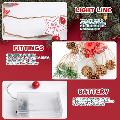 Christmas Garland with Lights 9.8FT 30 LED Christmas Pine Cones String Lights Red Berry Fairy Lights Wreath Light Up Christmas Decorations Battery Operated for Xmas Indoor Outdoor Decor - Image 3