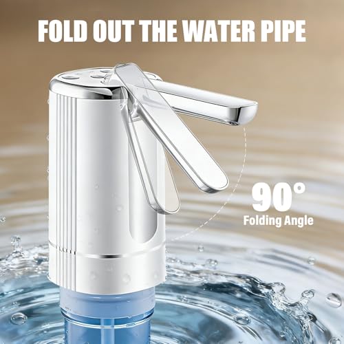 Water Dispenser Pump for 5 Gallon Water Bottles, USB Type-C Rechargeable with 1200mAh Battery, Foldable Spout, One-Touch Control (40s/80s), Powerful Suction for Home, Office, Camping - White