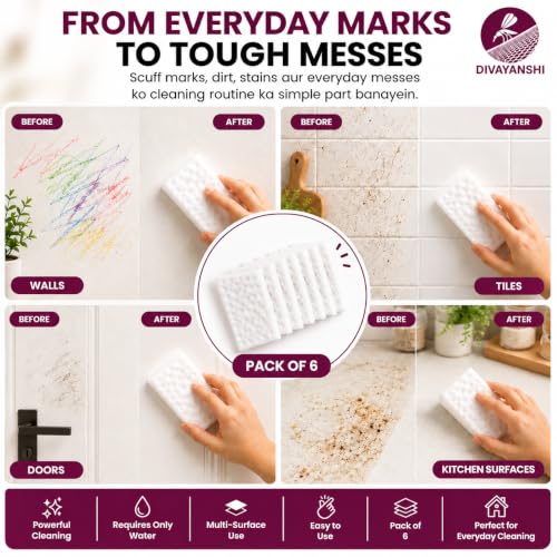 Image of Divayanshi Magic Eraser Sponge Pack of 6 | Powerful Stain Remover with Just Water | No Scratch Multi-Surface Cleaning Sponge for Kitchen, Bathroom, Walls, Shoes & Switchboards