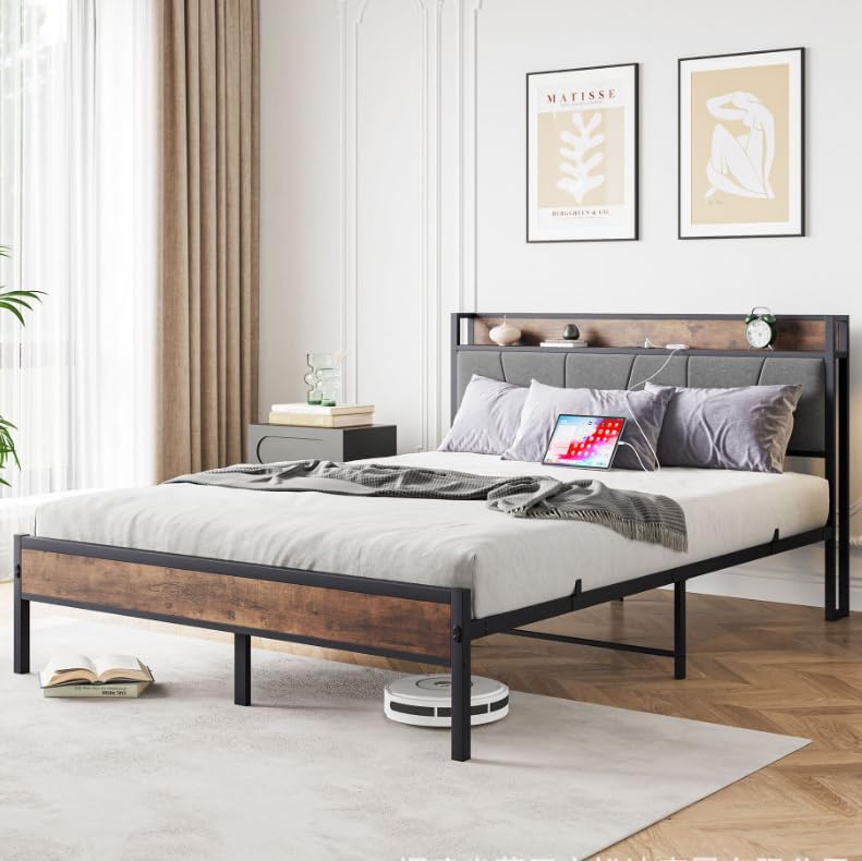 HOMISSUE Industrial Bed Frame, Bed Frame Queen Size with 2 Power Outlets and 2 USB Ports, Steel Slat Support