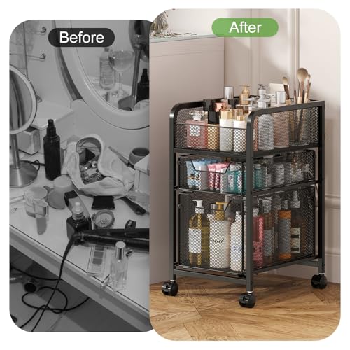 Hongtamoya Rolling Makeup Cart Organizer with 2 Drawers, Narrow Floor Skincare Organizers, Vanity Organizer Cosmetics Display Cases Holder for Skin Care Nail Polish Perfume Makeup Brush, Black by Hongtamoya - Used condition - Image 8