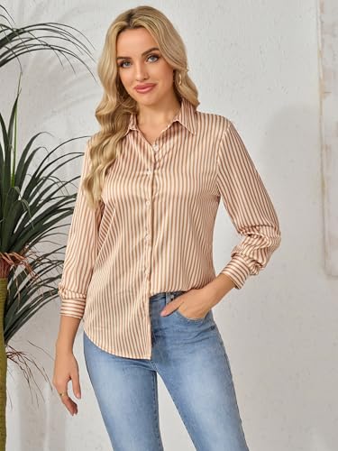 Image of Premium Soft Breathable Stretch Satin Silk Button Down Shirts for Women Long Sleeve Leopard Blouses Work Dress Tops