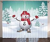 Ambesonne Christmas Curtains, Snow Covered Mountain Fir Trees and Skiing Snowman Fun Holiday Activity, Living Room Bedroom Window Drapes 2 Panel Set, 108' X 63', White Teal