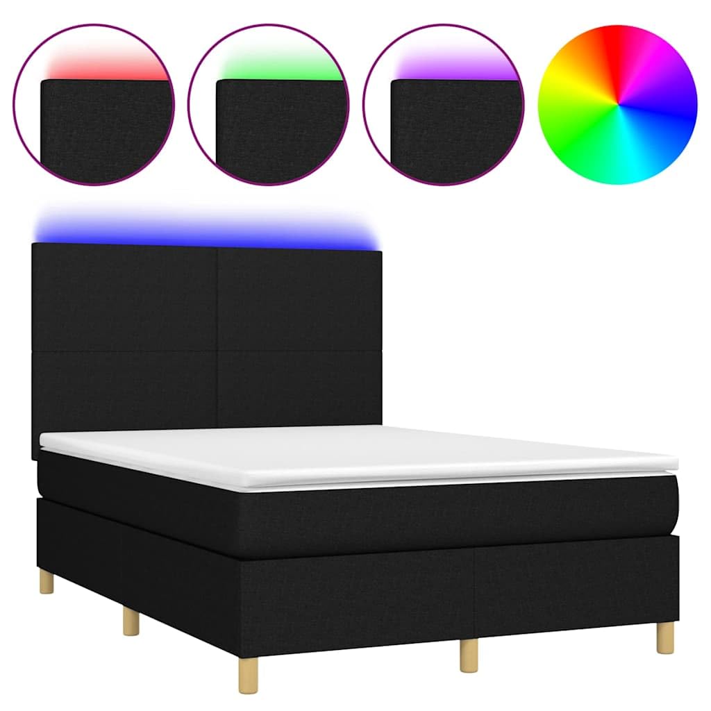 Tkanina z regulowanym zagłówkiem LED 140x200 cm Czarny | Łóżko kontynentalne z materacem 140x200 czarne z zagłówkiem LED do sypialni, tapicerowane, ze sprężynami kieszeniowymi