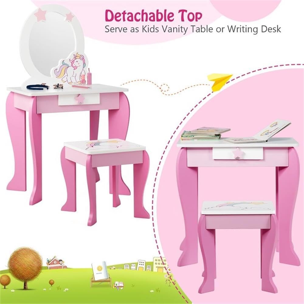 MAKLAINE Kids Wooden Vanity Table and Chair Set, 19"x14"x35", MDF, White/Pink Finish, Includes Mirror and Drawer, Princess Design, Durable Makeup Dressing Table for Girls Bedroom or Playroom