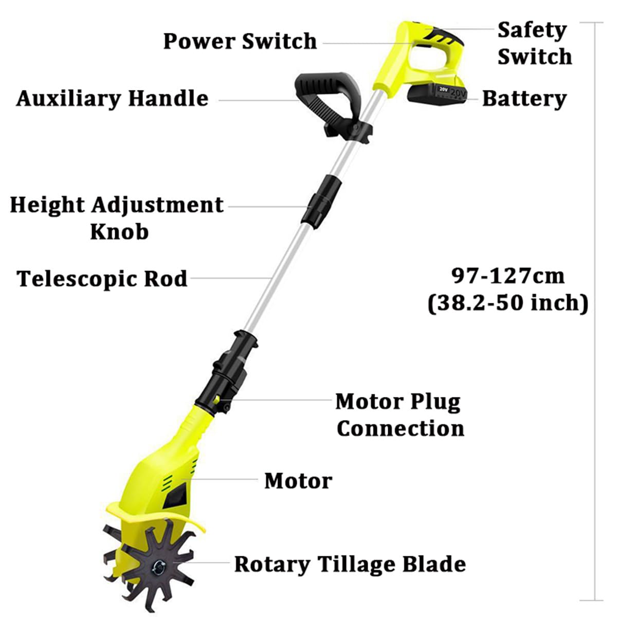 Motoazada de jardín eléctrica de 250 RPM - Rotavator de jardín inalámbrico con 2 Cuchillas de Acero, cultivador de Suelo con batería de 2 x 12 Ah para césped/jardinería/Cultivo de Suelo