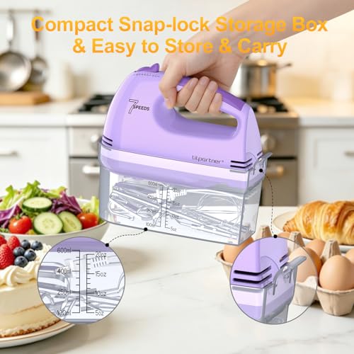 Image of LILPARTNER Electric Hand Mixer with Storage Box, Ultra Power Kitchen Hand Mixer With 7-Speed & 5 Stainless Steel Accessories for Whipping Dough, Cream, Cake, Dishwasher Safe, LIGHT PURPLE BOX