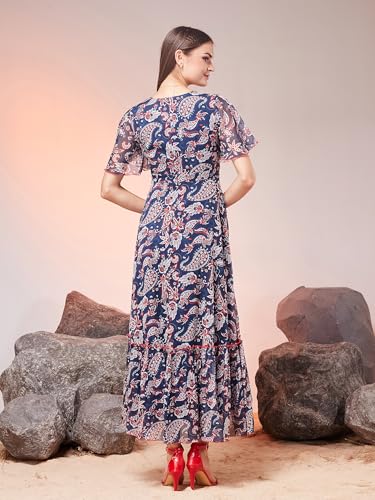 Image of Miss Chase Women's Floral V-Neck Flutter Sleeve Wrap Chiffon Maxi Dress