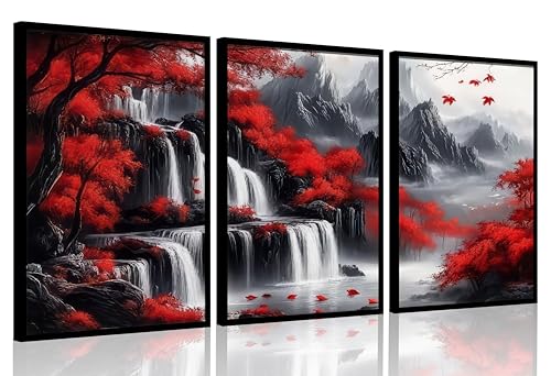 Red Forest Waterfalls Canvas Wall Art Grey Mountains Lake and