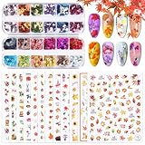 36 Pcs Autumn Fall Nail Art Stickers and Maple Leaf Nail Glitter Sequins, Kalolary 3D Self-Adhesive Fall Maple Leaf Nail Decals Stickers Splarkly Nail Sequins Flake Acrylic Manicure Paillettes