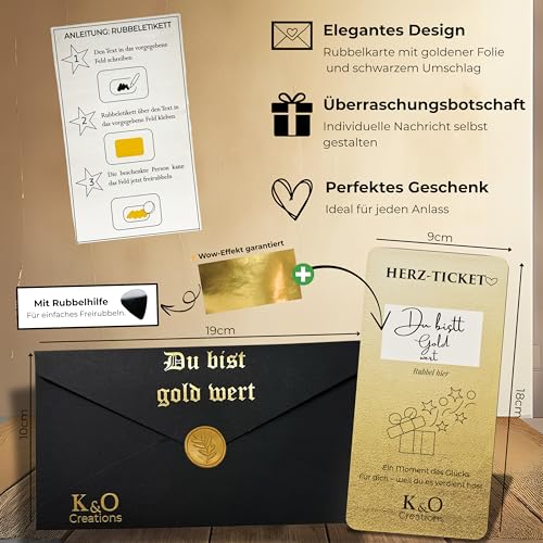 Rubbelkarte mit Botschaft – Gutschein zum Ausfüllen | Geschenk für Freundin, Partner, Familie | Goldenes Ticket mit Rubbelfeld | Überraschung für Geburtstag, Jahrestag, Kino, Reise & Valentinstag
