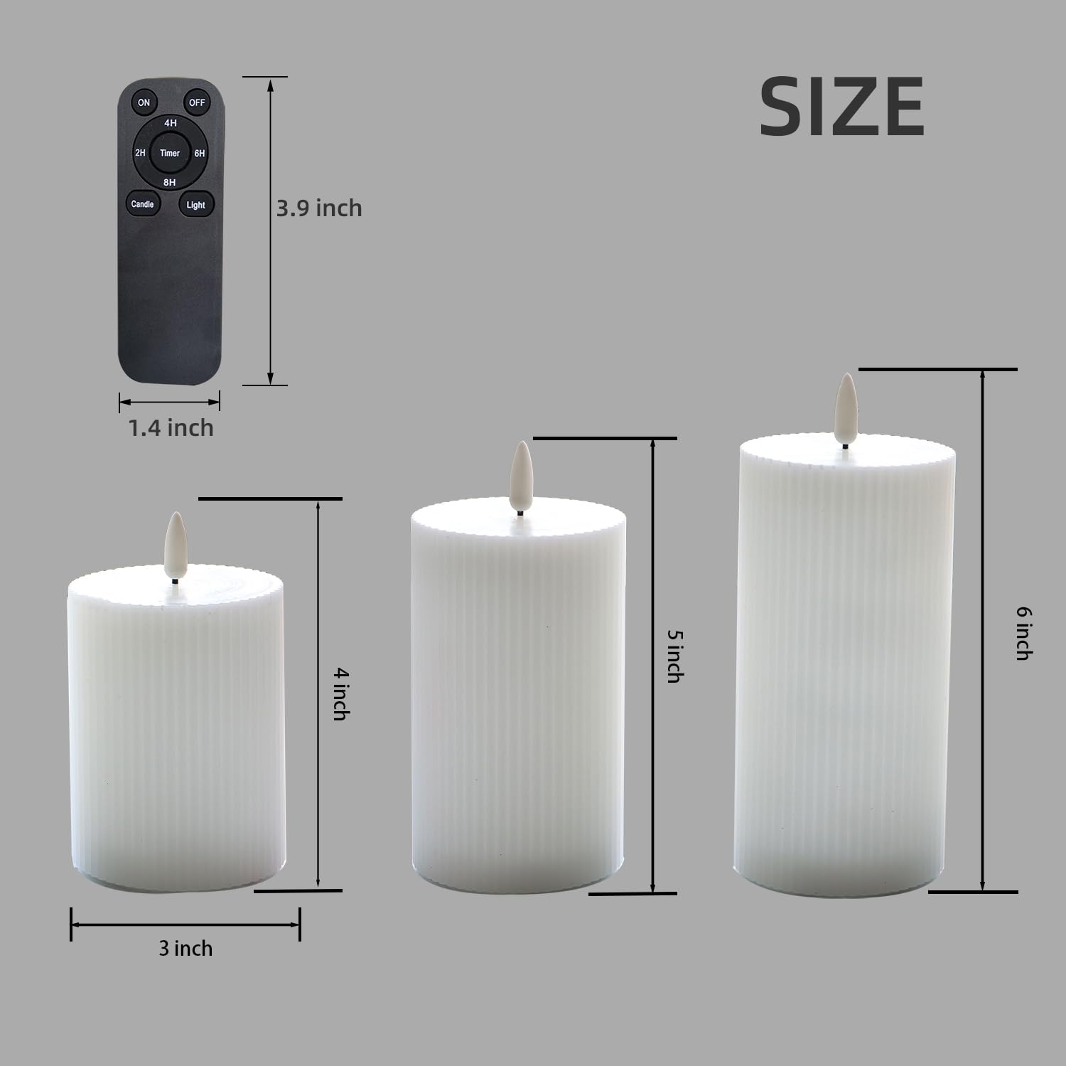 3 Pack Wax LED Flameless Candles with Remote Real Wax Battery Operated Electric Pillar Candle Set with Vertical Stripes 3D Black Wick for Home Party Wedding Decorations, White, D 3 x H 4/5/6 inch