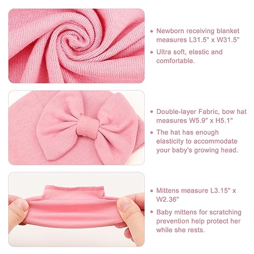 Image of AQOKKA Newborn Receiving Blanket with Bow Hat Mittens Wooden Card Set Newborns Toddler Baby Boy Girl Nursery Swaddle Wrap