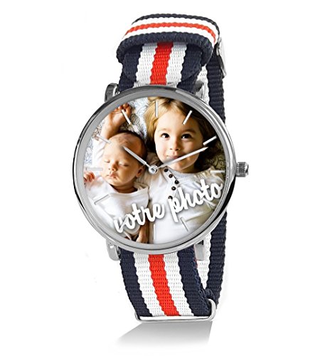 Générique Montre Personnalisable avec Une Photo, Un Texte. pour Homme Dame Mixte. Cadeau Personnalisé Bracelet Tressé Rayures,Créez Votre Montre...