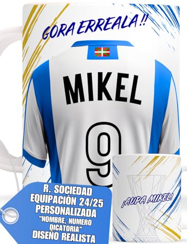 Taza Personalizada Fútbol R Sociedad Nombre Número Y Dedicatoria Equipaciones 24/25 Cerámica, Regalo Original Para Aficionados De Equipos Tazas Parsonalizadas Microondas Lavavajillas Té Café