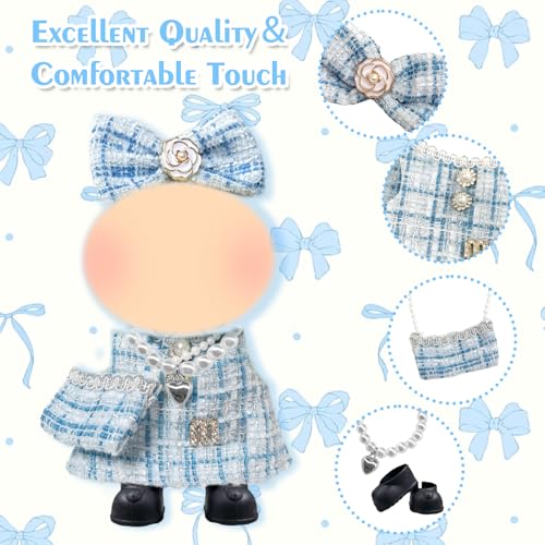 Blaue Puppe Kleidung 17cm Puppen Klassiker Check Elegante Puppe Kleidung Zubehör Set mit Kleidern Haarclips Tasche Schuhe Halskette für Mädchen Geburtstagsgeschenk, Keine Puppe