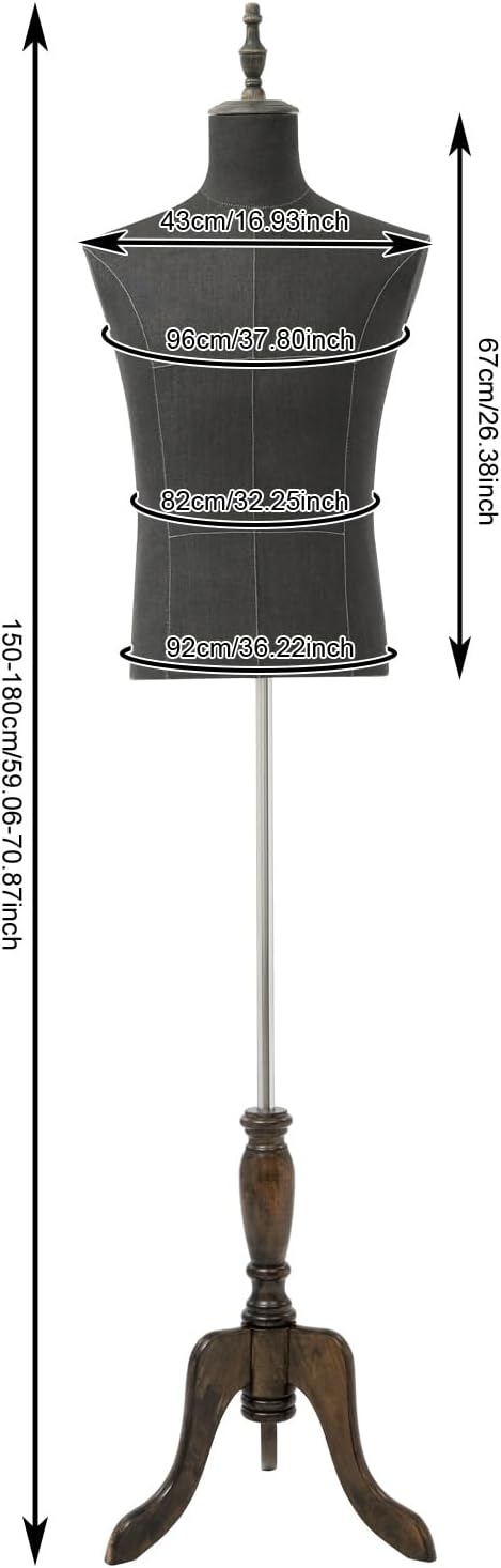 Male Mannequin Torso Dress Form, Sewing Dress Model Man-nequin, M-annequin Display with Tripod Stand, 59"~71" Height Adjustable, for Clothing Retail Sewing Shop, NO Arms, Black