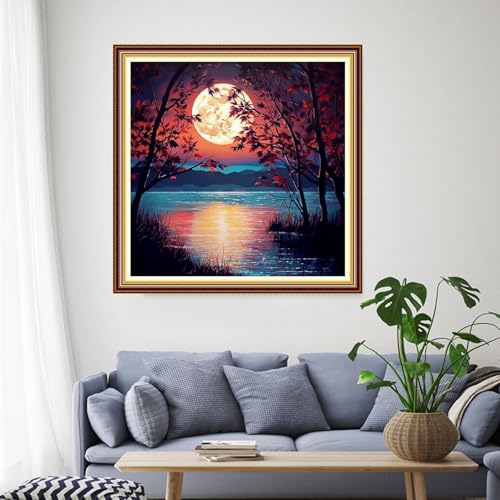 Image of Funchey Stamped Cross Stitch Kits, DIY Cross Stitch Pattern for Adults Beginners Needlepoint Kits Embroidery Kit Arts and Crafts 11CT-Moonlight by the Lake 18x18 inch