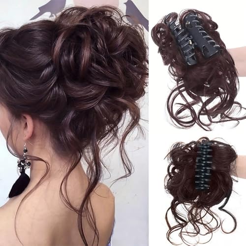 HSAJS Coda Capelli Extension con Clip ad Artiglio Disordinato Ricci Ondulati Estensioni Coda di Cavallo Sintetico Posticci Naturale Hair Bun per Donne Ragazze(Marrone scuro)