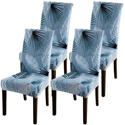 Jusmate Dining Room Chair Covers Slipcovers Set of 4, Stretch Spandex Removable Washable Printed Parsons Chair Cover Seat Protector for Dining Room, Hotel, Ceremony, Banquet, Wedding (Leaves Blue)