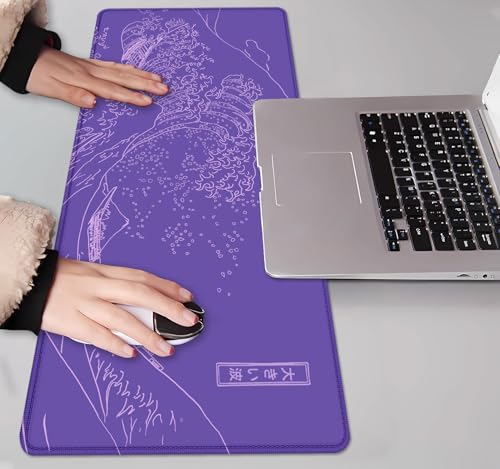 Image of IMAYONDIA Great Wave Large Gaming Mouse Pad, Purple Minimalist Japanese Desk Mat, Gamer Aesthetic Extended Mousepad Cute, Non-Slip Rubber Base Lilac Desk Pad for Office- 31.5 X 11.8 Inch